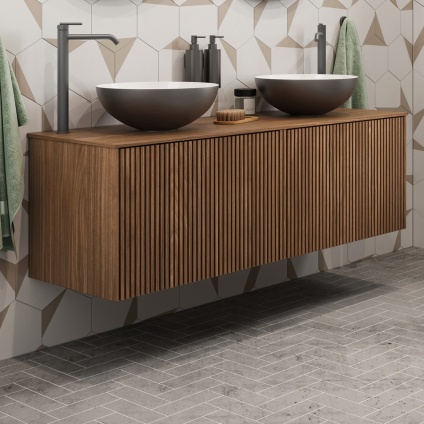 Product lifestyle image of Crosswater Limit 1400mm Royal Walnut Wall Hung Double Vanity Unit and Worktop with two slate countertop sinks and tall taps in bathroom LM7000DRWAN LM1410TRW